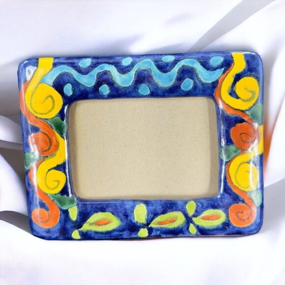 Talavera Mexican Folk Pottery Picture Frame Hand Painted M Mora Signed 7inches W - Picture 1 of 13